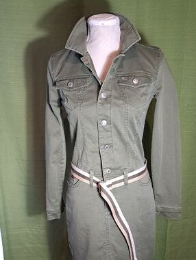 Tommy Hilfiger Olive Green Button-Front Jacket Dress with Striped Belt